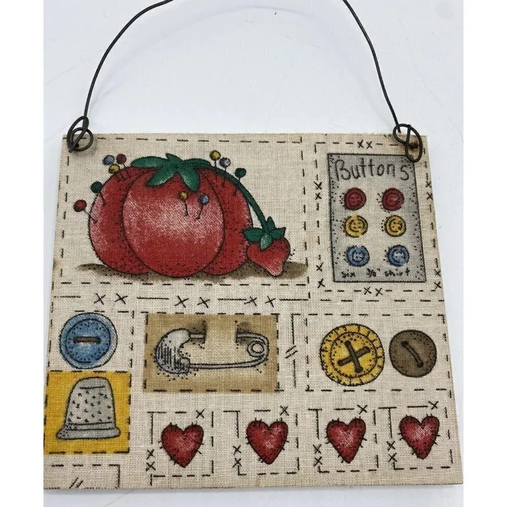 Sewing Room Wall Decor 4 to 5 Inch Square Buttons Hearts Thimble House Lot Of 2